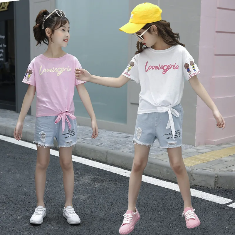 Взрывные модели детской одежды костюм для девочек летние укороченные джинсовые