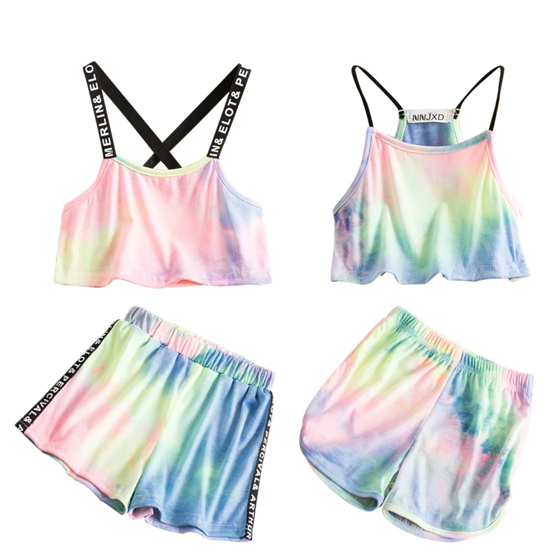 

Toddler Kids Clothes Set Girls Summer Colorful Print Rainbow Sport Children Sling Vest Backless Crop Top Short Pants Tracksuits