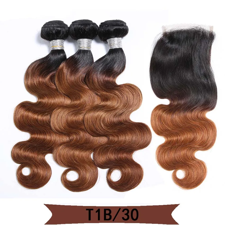Код Calla Ombre цвет тела волна Связки с 4*4 Кружева Закрытие Необработанные бразильские необработанные девственные человеческие волосы Weft расширение - Цвет: T1B/30