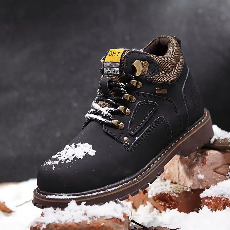 Модные кожаные ботильоны Мужская зимняя теплая плюшевая повседневная обувь в