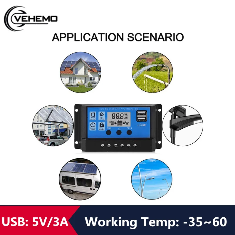 

Контроллер Vehemo MPPT 10A-100A, 2 USB-порта, 10000-50 А, автоматическая зарядка от солнечной батареи с ЖК-дисплеем