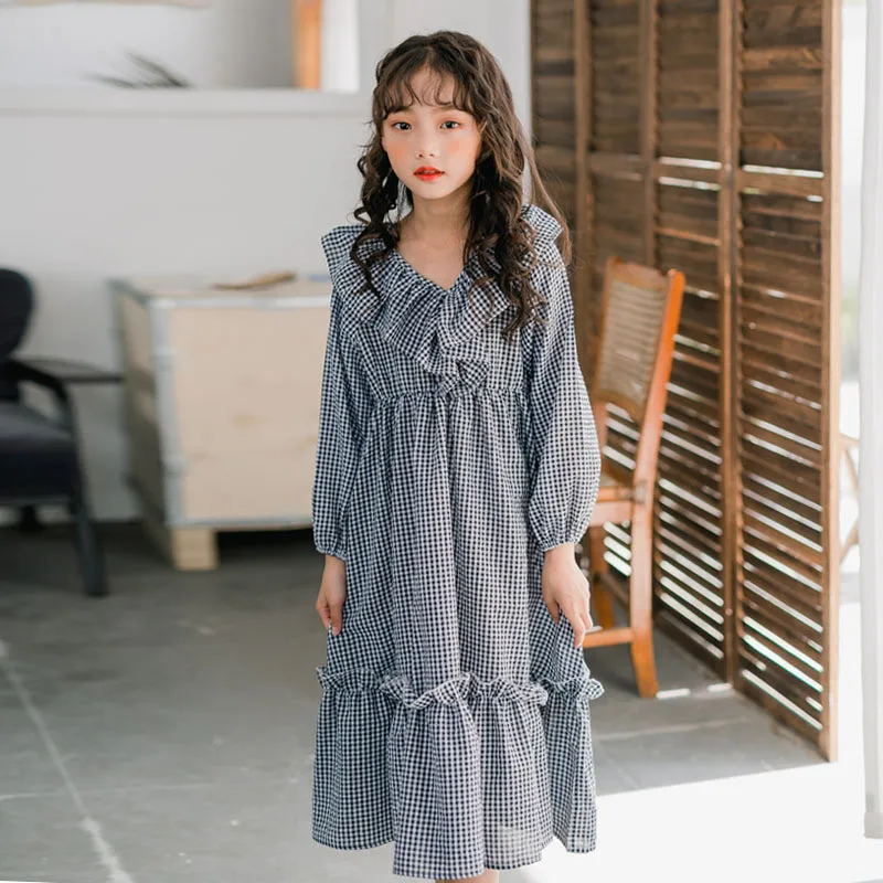 4 to 16 years kids &amp teenager girls long sleeve plaid v-neck ruffle flare midi dress child girl fashion fall autumn | Детская одежда