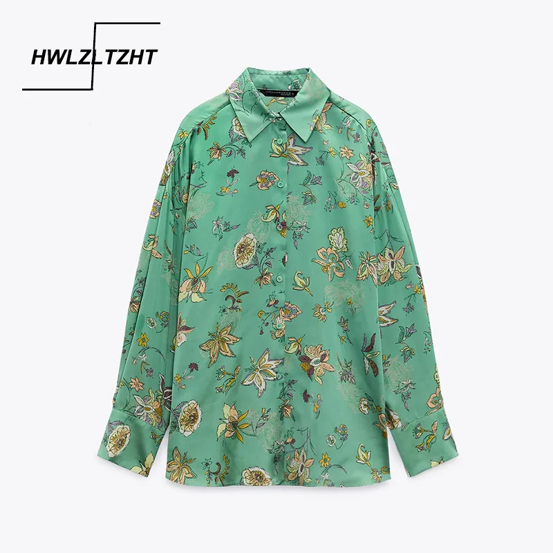 

Винтажная зеленая рубашка HWLZLTZHT большого размера с принтом, женские свободные осенние Рубашки с длинным рукавом, женский элегантный топ на ...