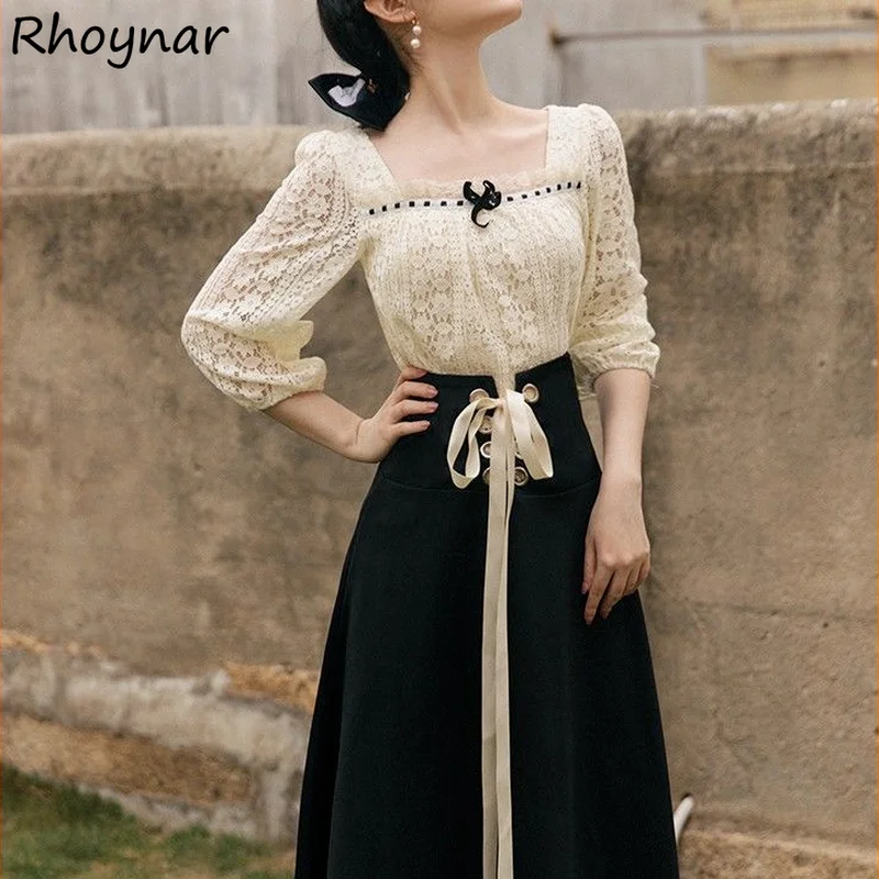 

Sets Women Early Autumn Vintage Outfits Design Square Collar Hollow Out 90's Mid-calf Skirts Ins Fashion Sweet Bandage All-match