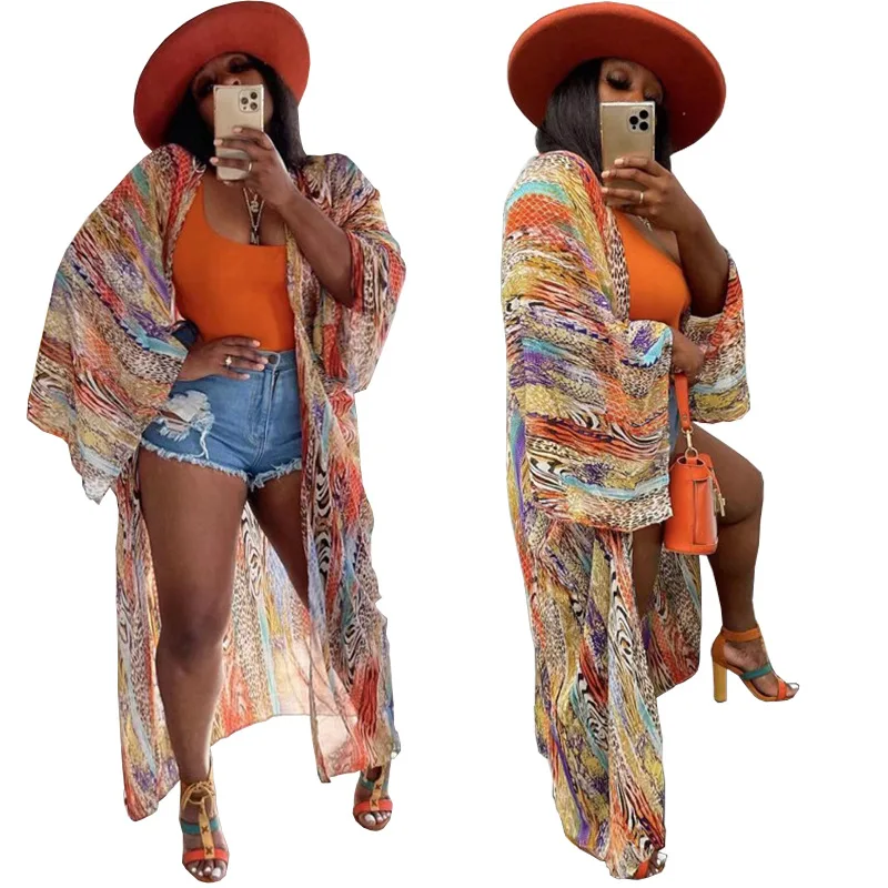 

Женский Тренч, Новое шифоновое повседневное пальто, кардиган, модная сексуальная Длинная накидка с принтом, Повседневная фотография