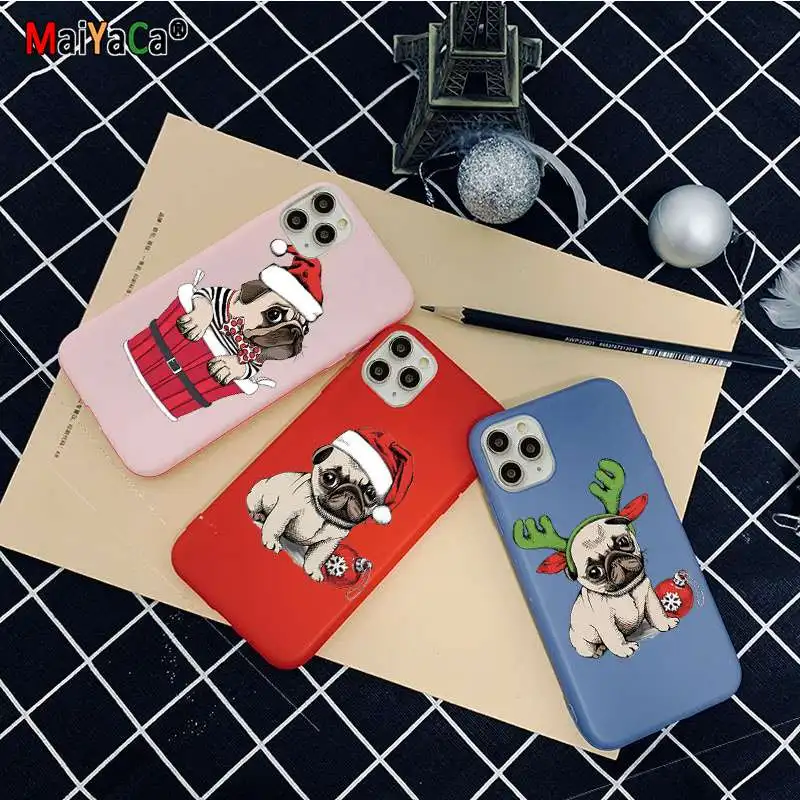 

Christmas cute puppy Pug French Bulldog Soft Silicone phone Case for iPhone 11 12 Pro Max XS XR 8 7 6 6s Plus Cover Coque