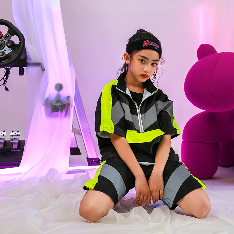 Модный светоотражающий костюм с короткими рукавами в стиле хип хоп для