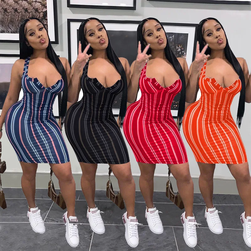 

Adogirl Elegant Striped Bodycon Slim Mini Dress Women Sexy Sleeveless V Neck Evening Party Night Clubwear Vestidos Casual Outfit