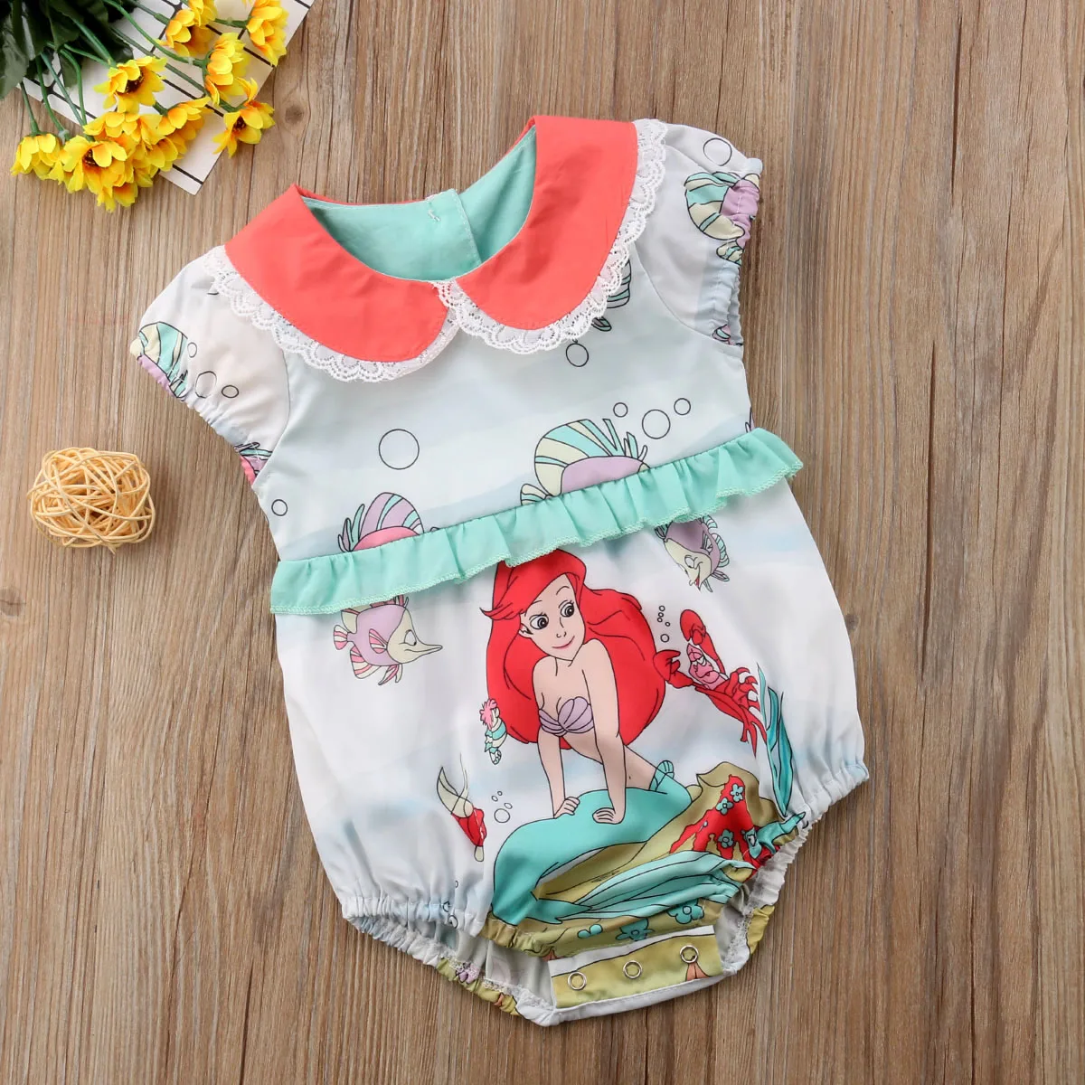 

2020 Newborn Cute Baby Girl Cartoon Mermaid Bodysuit Little Girl Peter Pan Collar Bodysuits Jumpsuit Outfit Clothes ropa de bebe