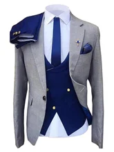 2021 New Fashion Suit For Man Gray Blazer Navy Blue Vest And Pants For Bride Groom Best Man Tuxedo Costume Size (4)