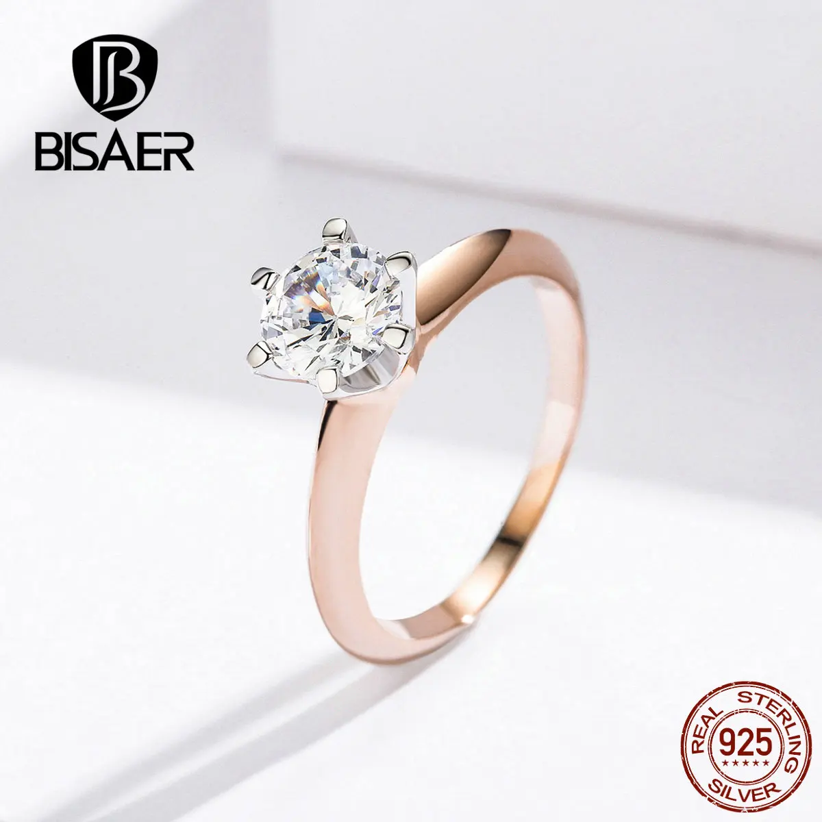 BISAER, Настоящее серебро 925 пробы, цвет розовое золото, циркония, только любовь, кольца на палец для женщин, обручальное кольцо, ослепительное ювелирное изделие, кольца GXR525