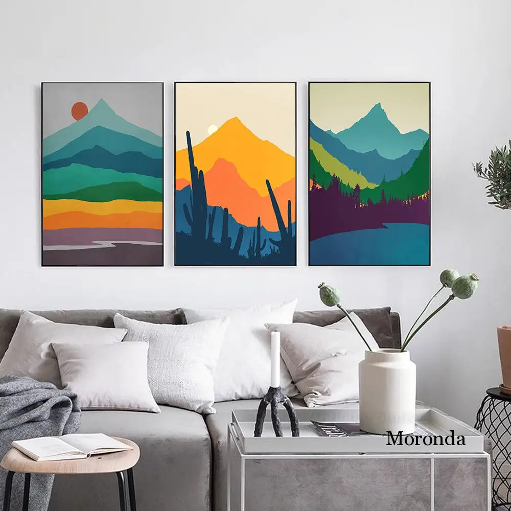 

Abstract Nordic Canvas Painting Cartoon Colourful Moutain Vintage Poster Minimalist Wall Art Prints Wall Pictures for Room Decor