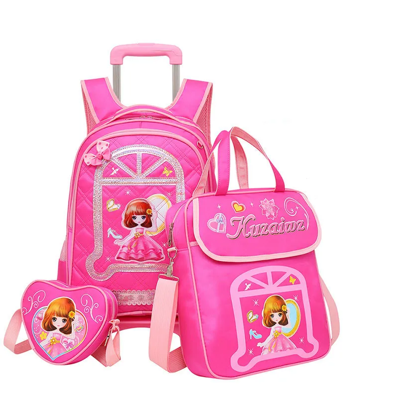 Комплект из 3 предметов, рюкзак для девочек на колесиках, школьный рюкзак для детей, съемный водонепроницаемый рюкзак для путешествий и бага...