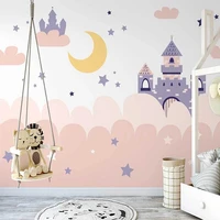 custom nordic ins hand painted pink clouds stars cartoon castle romantic children princess room bedroom 3d wall mural wallpaper