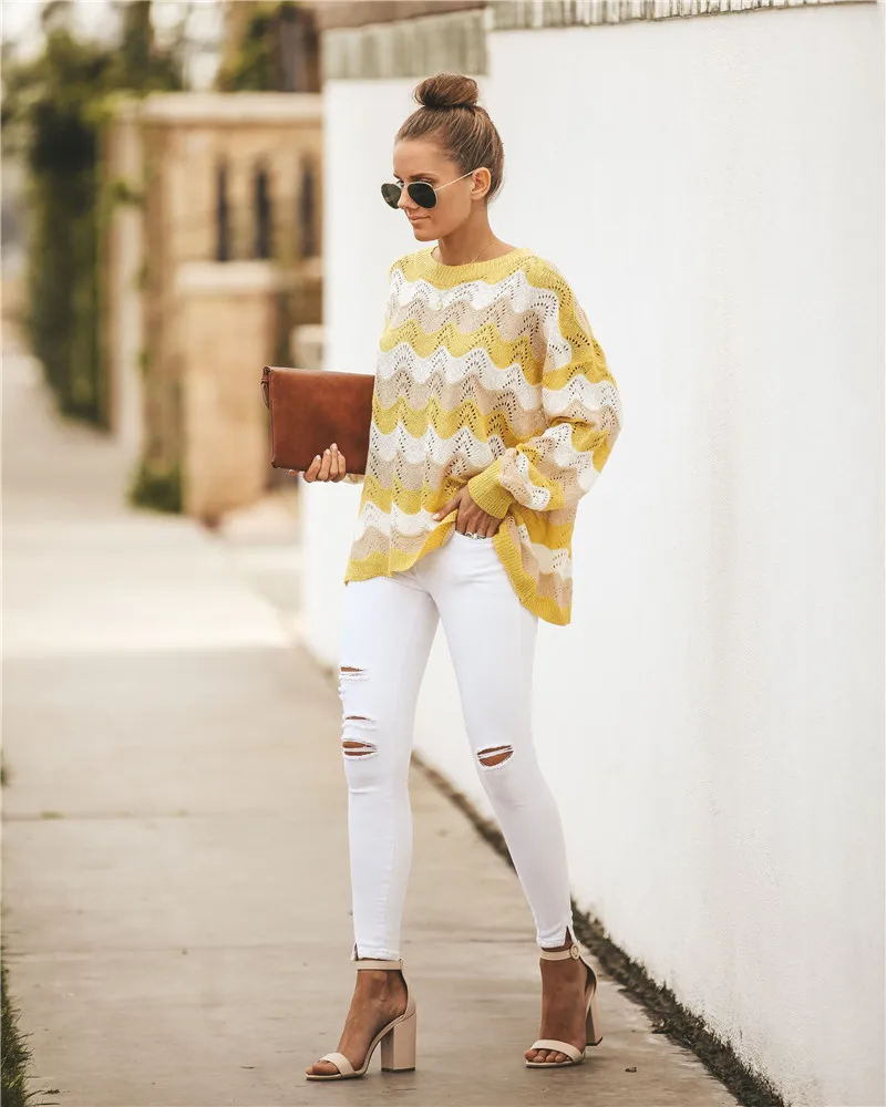 2019 мода весна и осень свободный круглый вырез пуловер свитер | Женская одежда