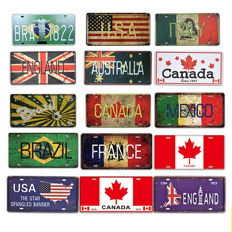 

Canada Australia UK US National Flag Tin Sign Shabby Retro Car Plate License Iron Painting Metal Plaques Wall Decor For Bar Pub