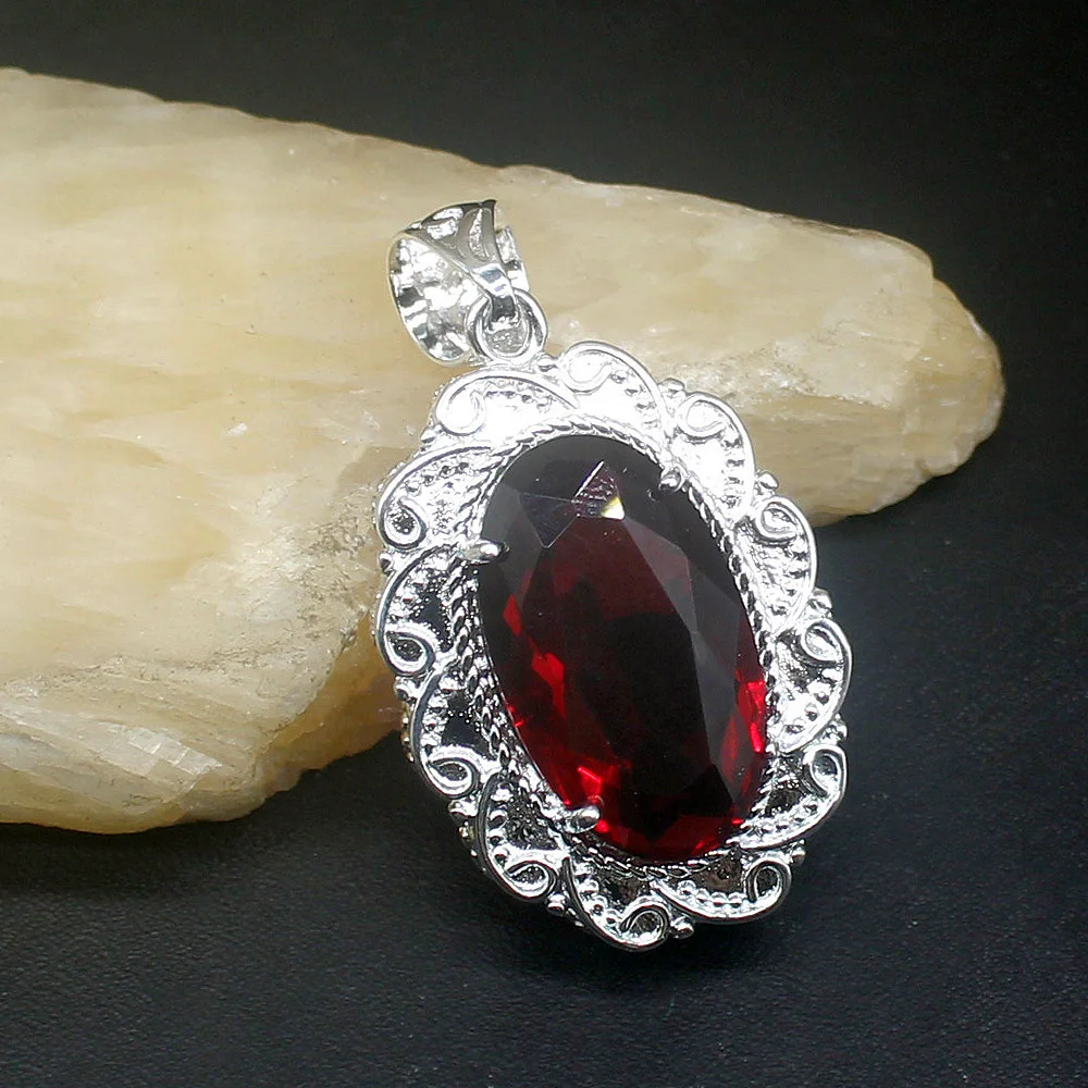 

Fashion Jewelry Unique Genuine 925 Silver Natural Trendy Red Topaz Oval Pendant Necklace Gifts for Women Girls 20213884
