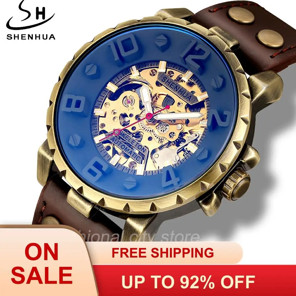 Мужские автоматические часы SHENHUA винтажные бронзовые механические в стиле