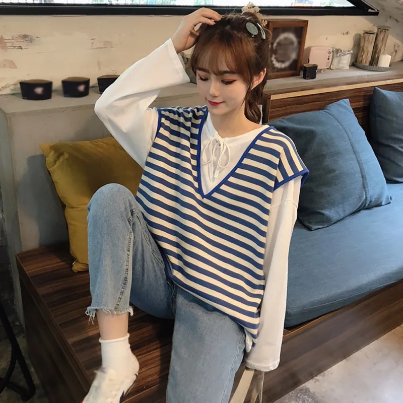 

Women Casual Solid Color Long Sleeve Simple Wild Sweater+stripes Print Vest Women Sweat Suit Sets Conjuntos De Mujer Elegante*