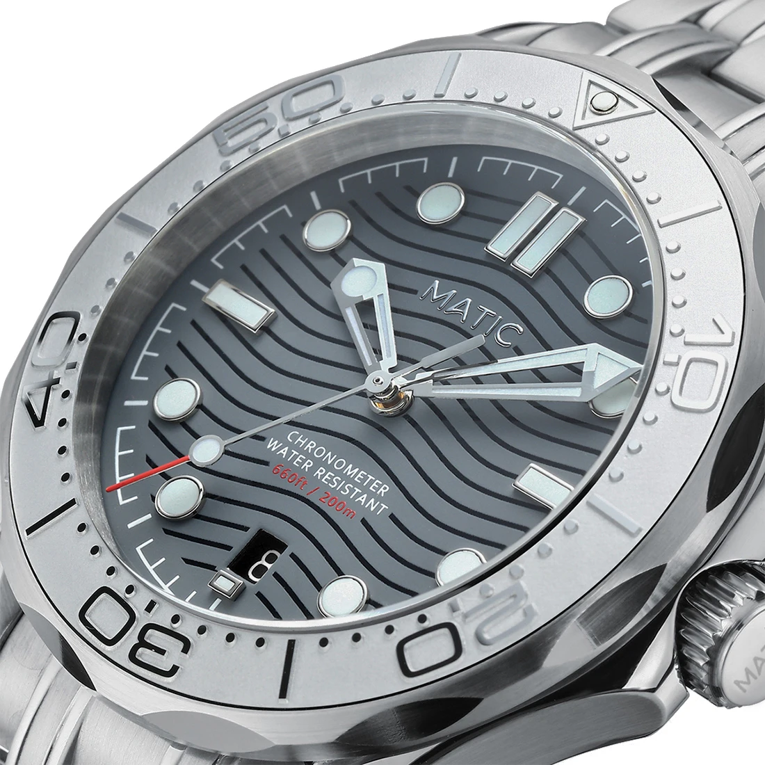 Купить Механические наручные часы MATIC DIVER, 200 м, 41 мм, PT5000 [серый циферблат с серебристой керамической вставкой в рамку]