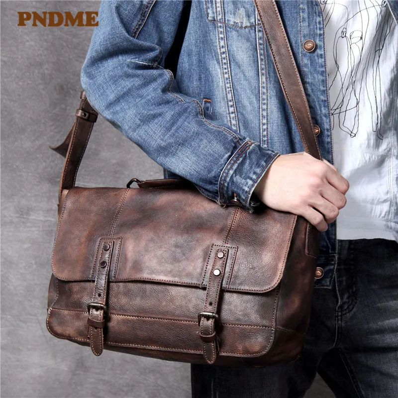 PNDME vintage casual genuine leather men's messenger bag fashion outdoor designer natural real cowhide work tablets shoulder bag
