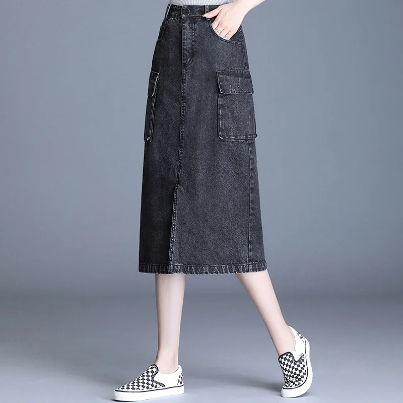 Фото Женская джинсовая юбка с высокой талией длинная из денима разрезом Размеры M 4XL