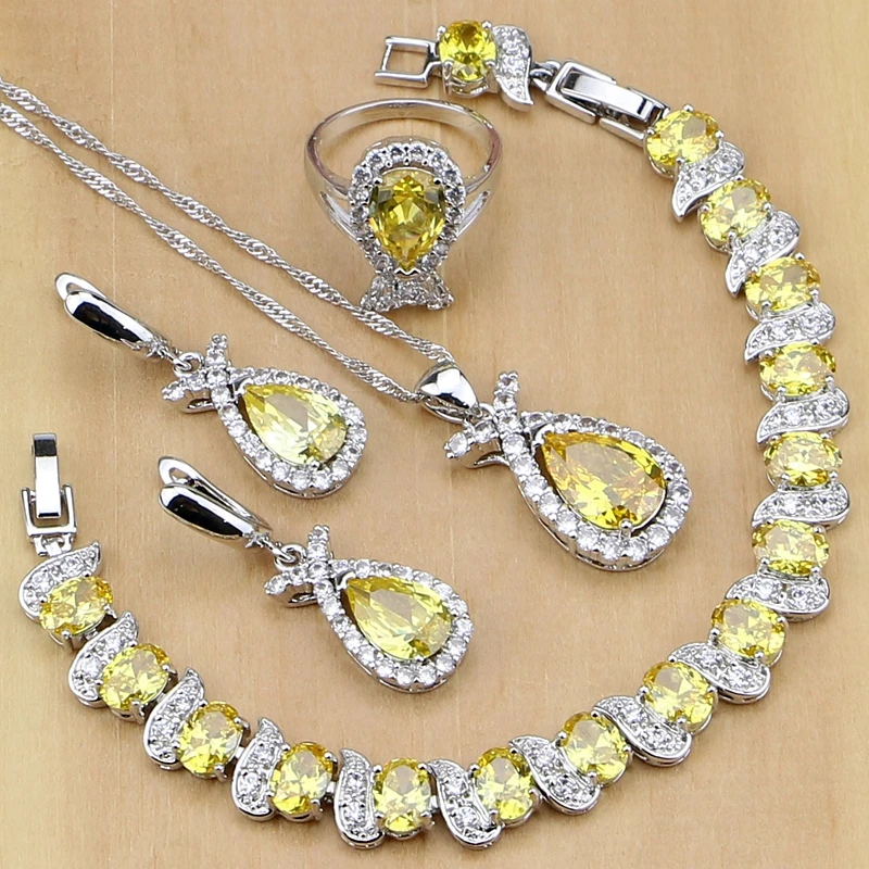 

Trendy 925 Silver Bridal Jewelry Yellow Cubic Zirconia Jewelry Sets For Women Wedding Earrings/Pendant/Necklace/Rings/Bracelet