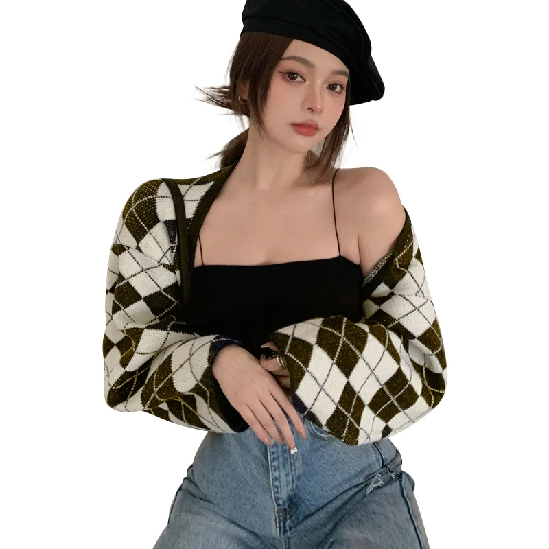 Свитер в клетку пальто для женщин Осень-зима ретро свободный крой короткий