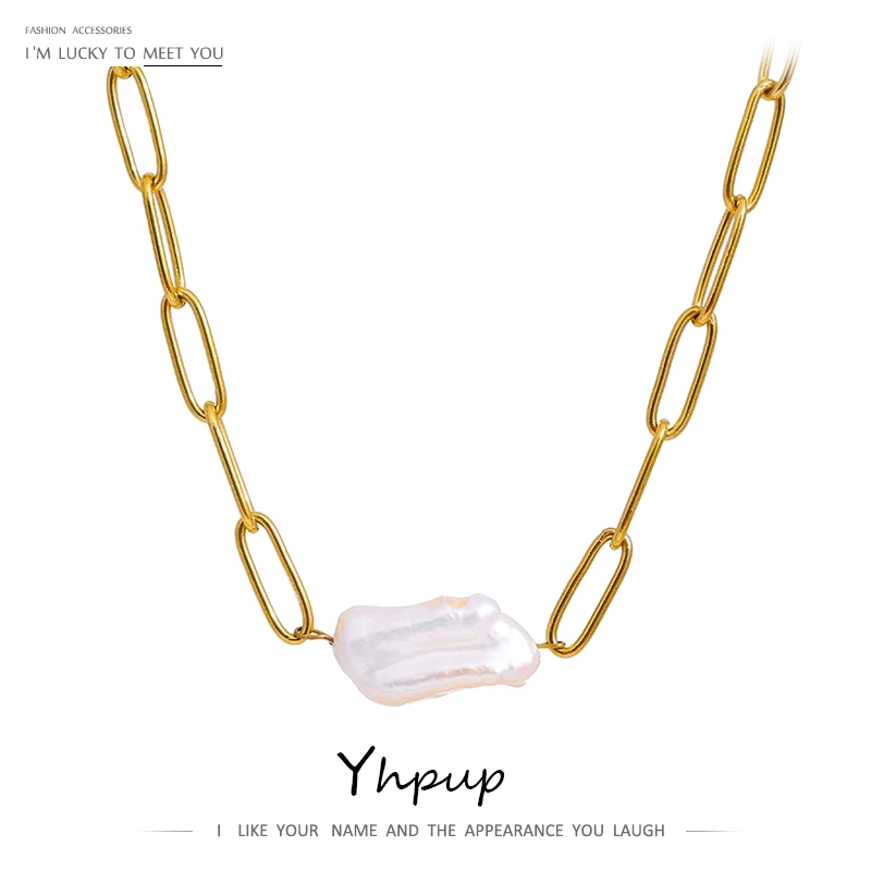 

Yhpup Stainless Steel Natural Pearl Pendant Necklace Metal Chain High Quality Jewelry Gold Color Collar for Women Girls Gift