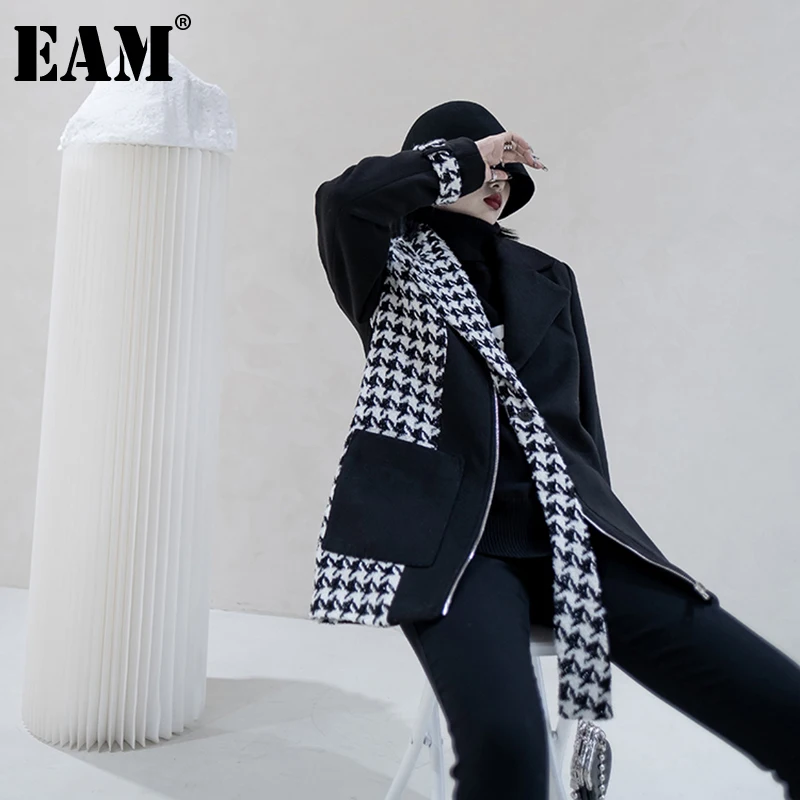 

[EAM] Loose Fit Black Tweed Big Size Warm Woolen Coat Parkas New Long Sleeve Women Fashion Tide Autumn Winter 2021 1DE3775