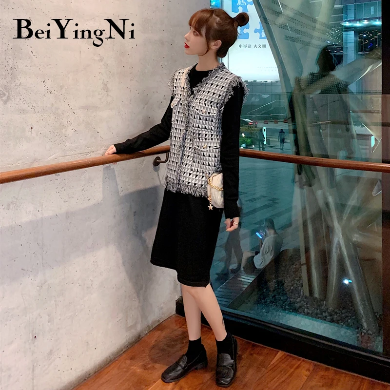 Beiyingni Plus Size Knit Dress Women Vintage Autumn Winter Vest Jacket Coats Slim Fashion Casual Two Piece Set Female Tops | Женская