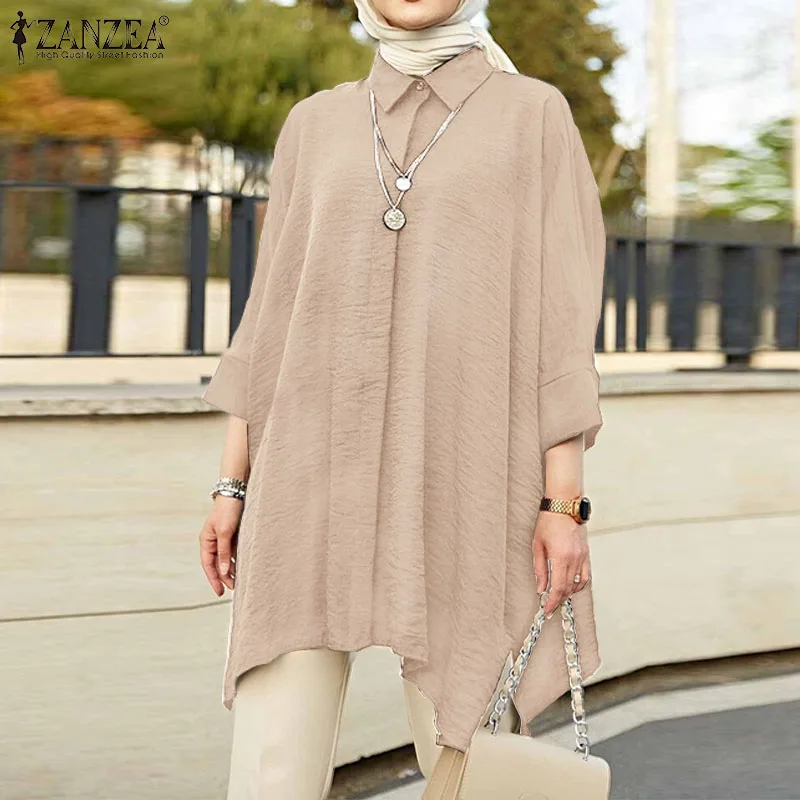 ZANZEA Women Muslim Blouse Vintage Lapel Neck Long Sleeve Solid Loose Shirt Casual Islamic Clothing Stylish Abaya Hijab Blusas