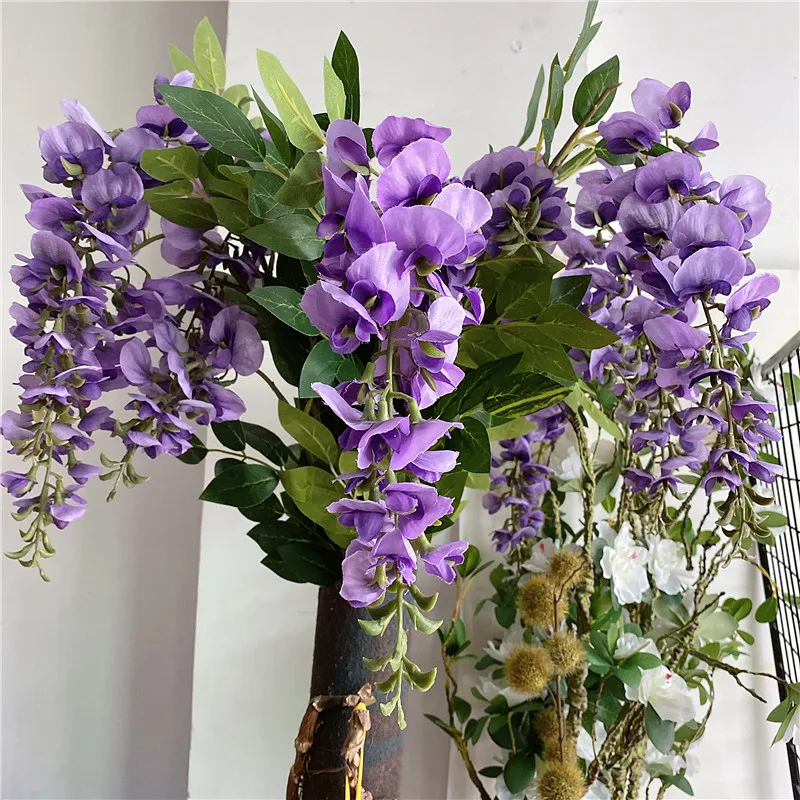 NEW Wisteria flower vine branch for wedding party decor silk artificial flowers with leaves wall hanging violet flores | Дом и сад