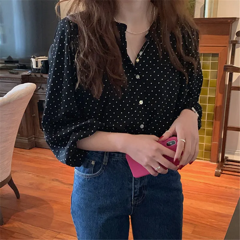 

Dunayskiy 2021 All Match Sweet Polka Dots Chic High Street Hot Vintage O-Neck Brief Gentle Elegance Office Lady Fresh OL Shirts