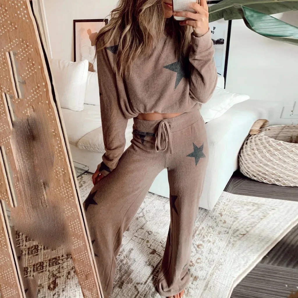 

2Pcs Fashion Autumn Women Stars Printed Suit Long Sleeve Round Neck Pullover Tops Leisure Home Sweatpants Sets Tracksuit#g3