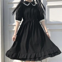 qweek autumn black kawaii lolita style dress mori girl fairy cute lolita peter pan collar puff sleeve dress 2021 fashion women