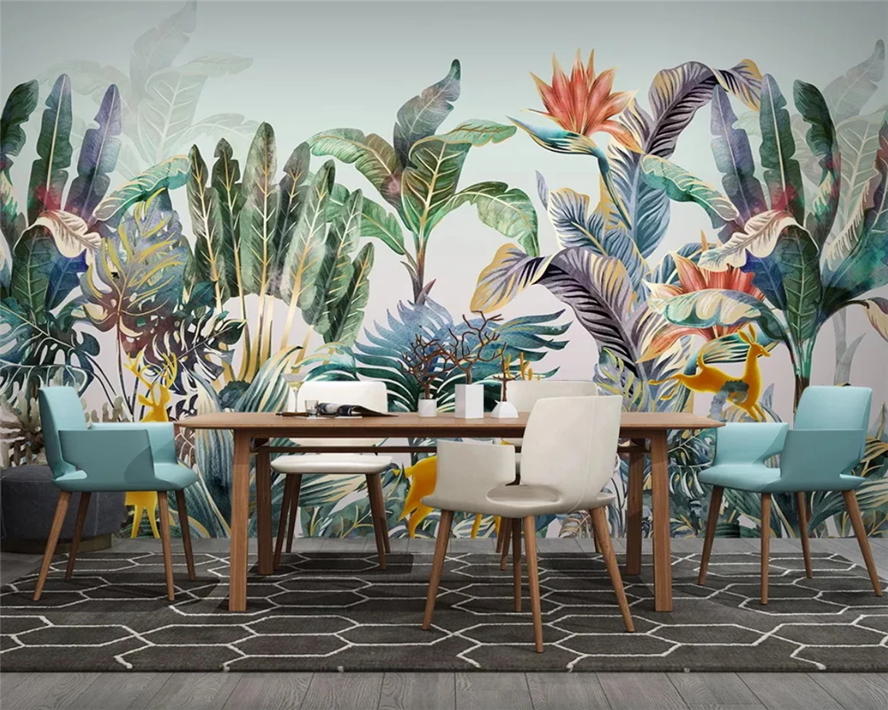 beibehang papier peint Custom hand-painted fashion Nordic tropical plant elk light luxury small fresh background wallpaper | Обустройство