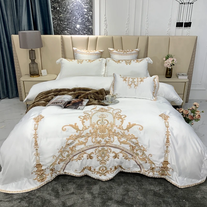 

New Luxury White Satin Silk Cotton Gold Royal Embroidery European Wedding Bedding Set Duvet Cover Flat/Fitted Sheet Pillowcases