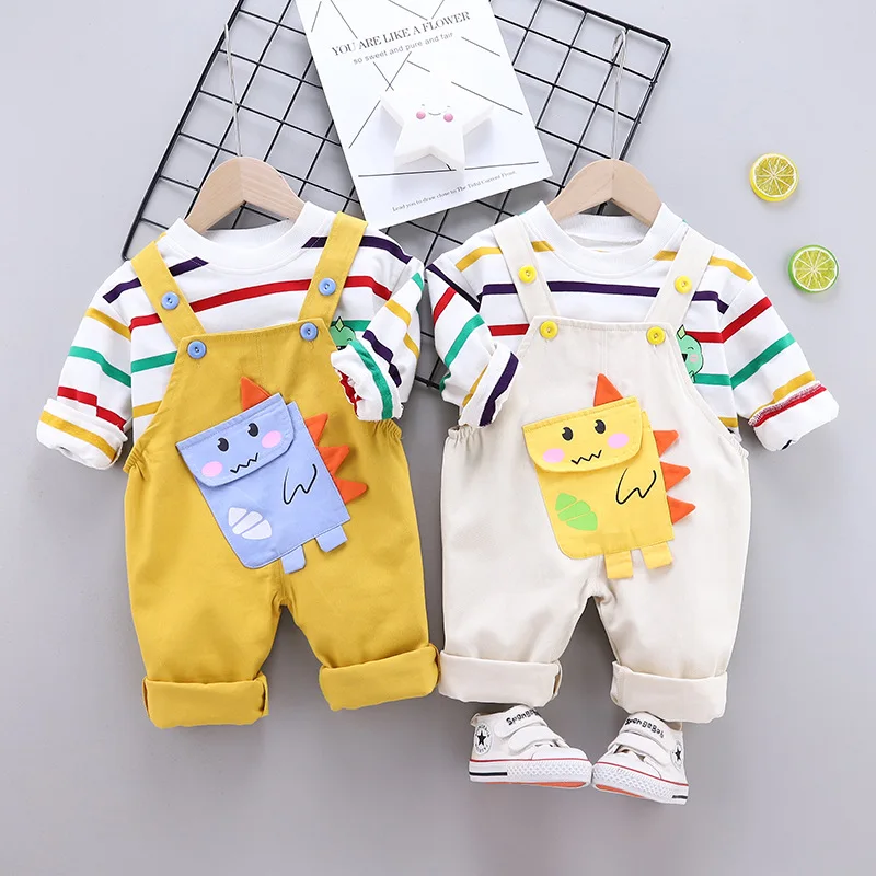 

Baby Boys Girls Clothes Set Spring Autumn Stripe Tops+bib Pants 2pcs Kids Boys Dinosaur Clothing Set For Bebes Outfits
