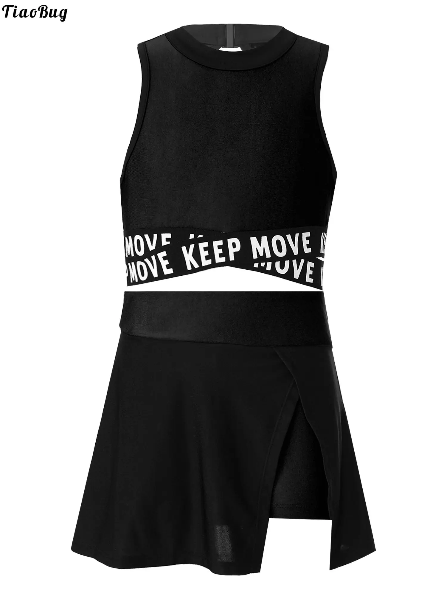 

2Pcs Kids Girls Sportswear Sleeveless Keyhole Back Cropped Vest Tops And Asymmetrical Irregular Hem Skirt With Built-In Shorts