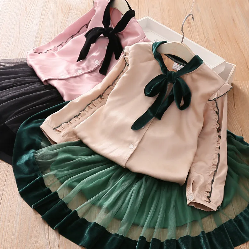 

2021 Spring Autumn 3-10 Years Baby Princess Bow Long Sleeve Blouse Shirt+ Skirt 2 Pieces School Kids Girls Dance Clothing Sets