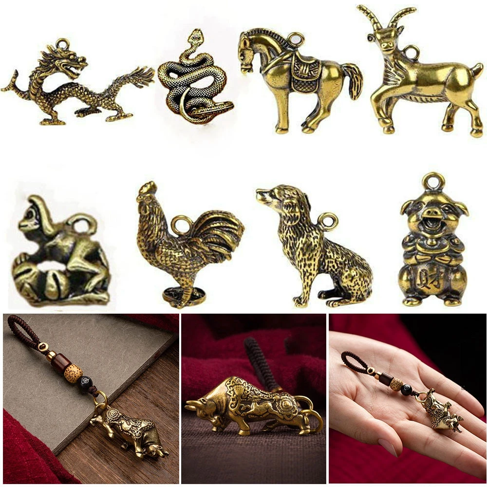 

Bull Ornament Sculpture 12 Chinese Zodiac Pure Copper Miniatures Figurines Decoration Handmade Key Chain Pendant Car Ornaments