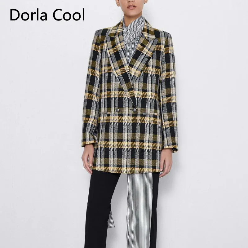 

Vintage Double Breasted Blazers Women Woolen Plaid Loose Coats Long Jackets Office Lady's Retro Suits Coat Outerwear Blazer 2020