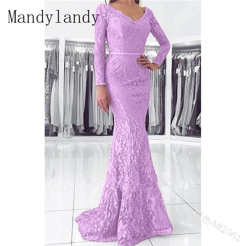 

Mandylandy, Осеннее модное однотонное платье с длинным рукавом, V-образным вырезом и высокой талией, женское элегантное Кружевное облегающее пла...