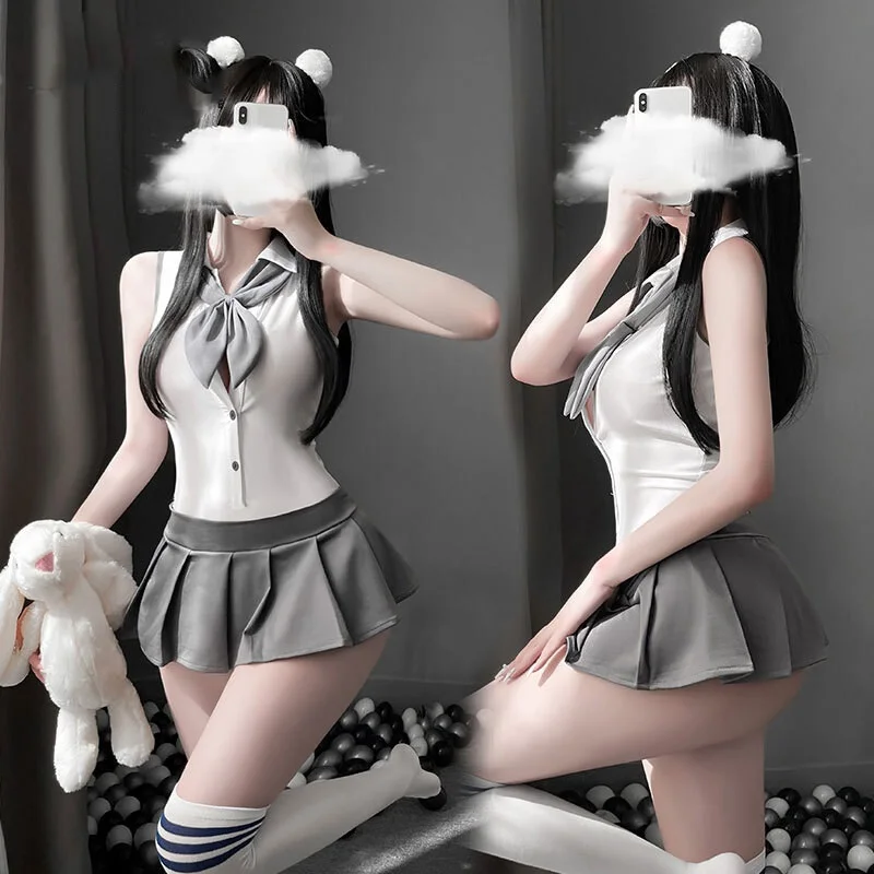 

Sexy Lingerie Cheer Learder Cosplay Costumes One Piece Bodysuit Teddy With Mini-Skirt Sailor Moon Outfit Gray White Erotic Set