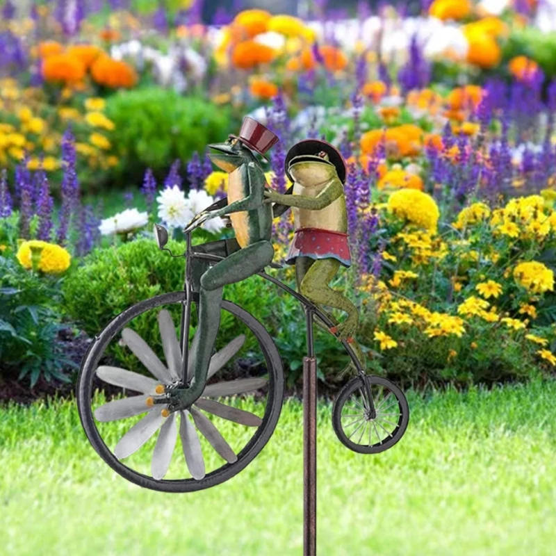 

Wrought Iron Frog Riding Bicycle Wind Spinner with Standing Rod Animal Decoratio