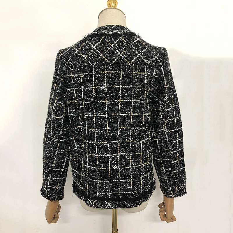 

GALCAUR Plaid Black Patchwork Tweed Women's Blazer V Neck Long Sleeve Pockets Loose Elegant Female Coat 2020 Autumn New Clothing