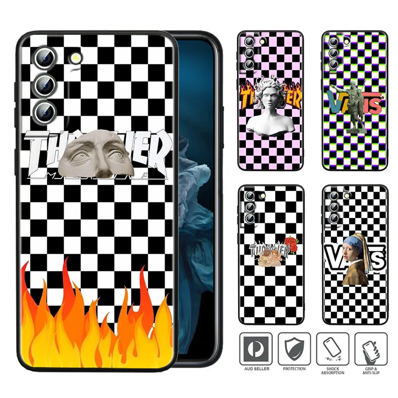 

Japan Korean Checkerboard Soft Shockproof Black Phone Case For Samsung Galaxy S22 S21 Ultra S20 FE Lite S10 S9 S8 Plus 5G