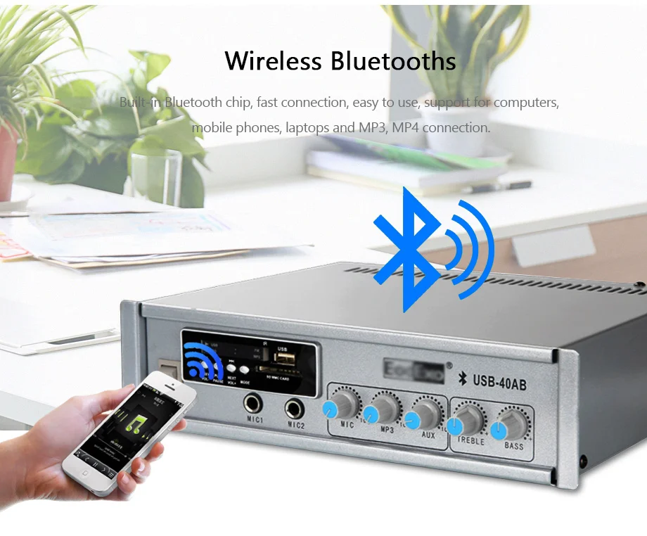 Oupushi Профессиональный Усилитель 2 way вход для микрофона pa bluetooths цифровой усилитель с пультом дистанционного управления USB декодирования и MP3 воспроизведения