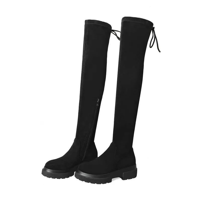 Женские ботфорты MoonMeek сапоги из флока с круглым носком и замши высокие на плоской